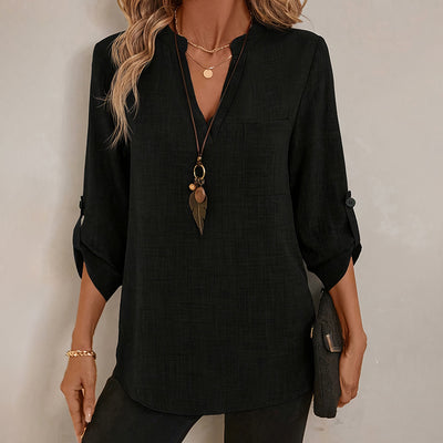 Womens Casual Summer Shirts Notch V Neck Blouses 3 4 Roll Sleeve Tunics Tops